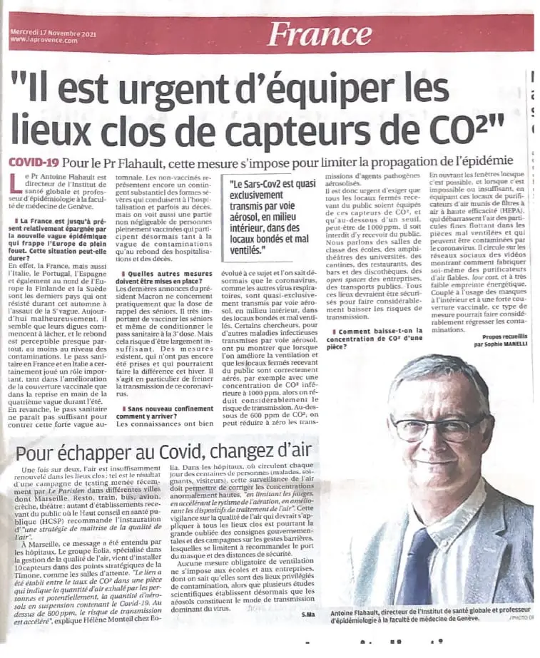 Article, La Provence “Il est urgent d’équiper les lieux clos de capteurs CO2”