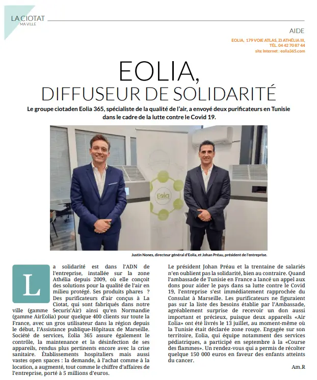 “EOLIA, DIFFUSEUR DE SOLIDARITÉ”, article publié dans le magazine mensuel de la Ville de la Ciotat