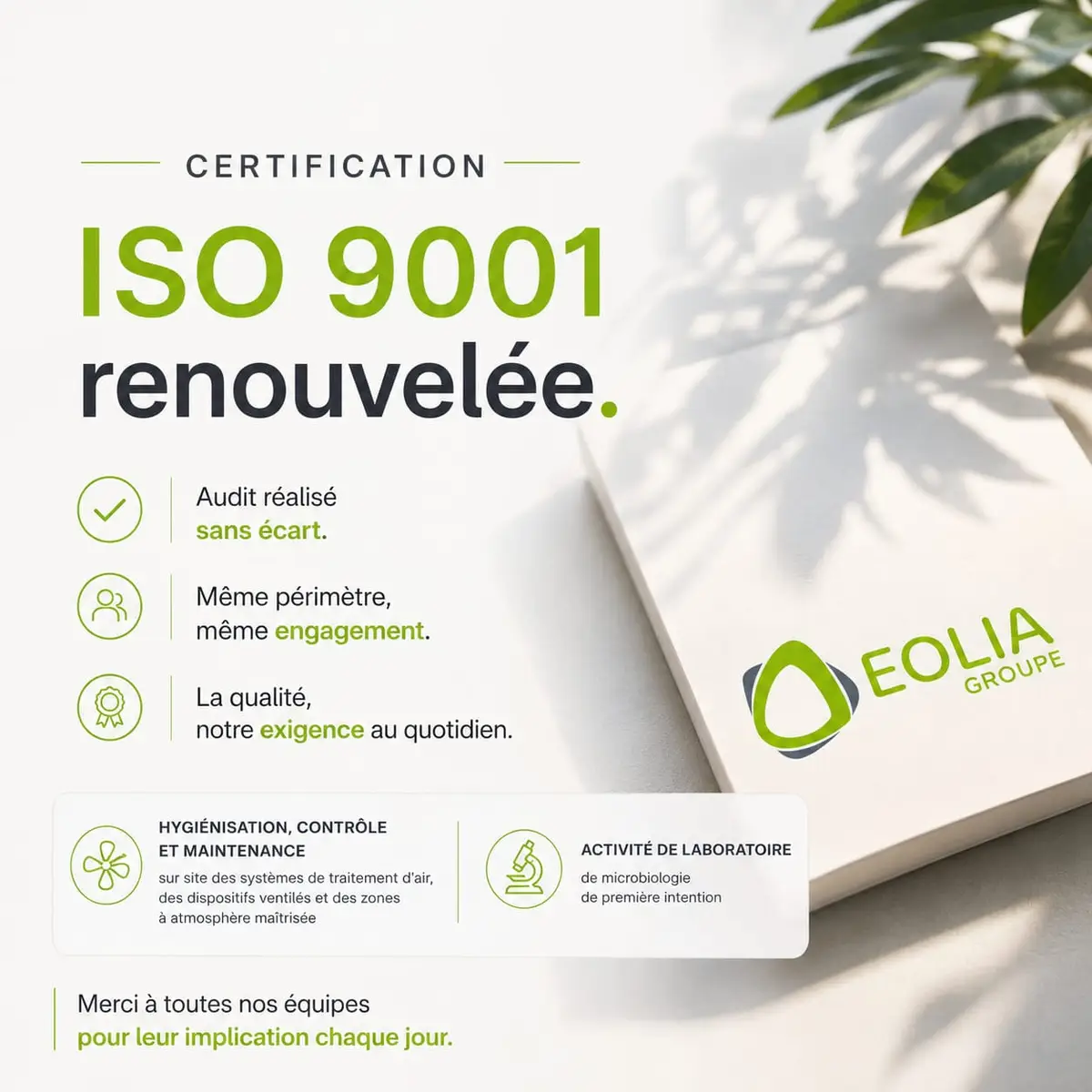 Eolia renouvelle sa certification ISO 9001
